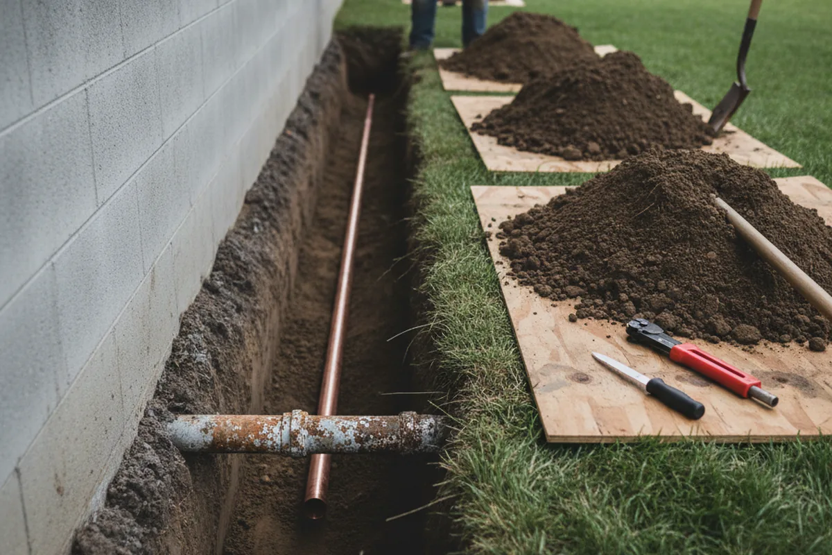 Excavated water line trench during Water Heater Repair in Gurley